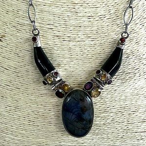 STERLING SILVER 925 LABRADORITE ONYX MULTI GEMSTONE DROP NECKLACE